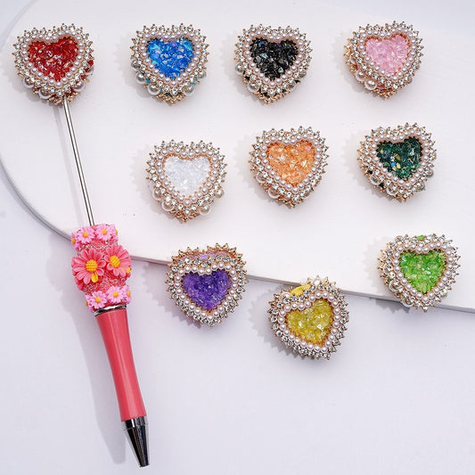 Bling Bling Fancy Gold Alloy Heart with Shiny Rhinestones White Pearls Mini Stones Rocks Clay Beads, Around 28*28*13MM