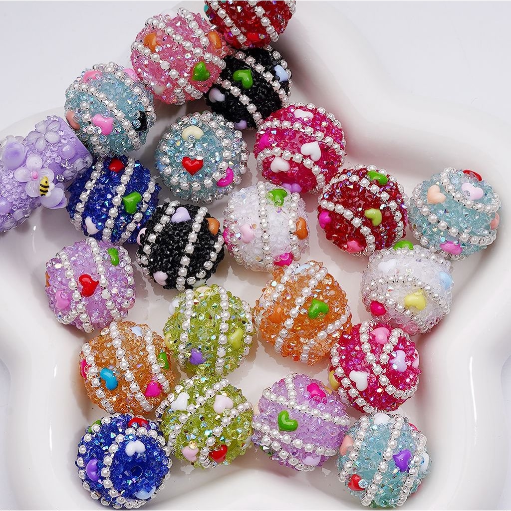 White Pearls Chains Multi-Color Cute Hearts Shiny Cone Shape Rhinestones Acrylic Beads, 20MM