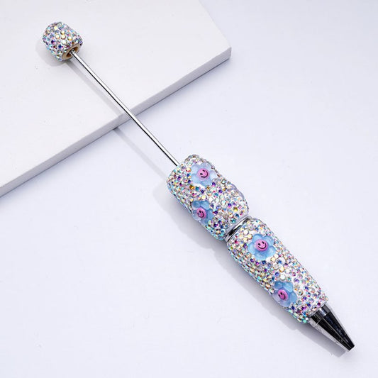 Beadable Clay Pens with Cute Blue Pink Flower Mini AB Rhinestones Covered the Entire Pen