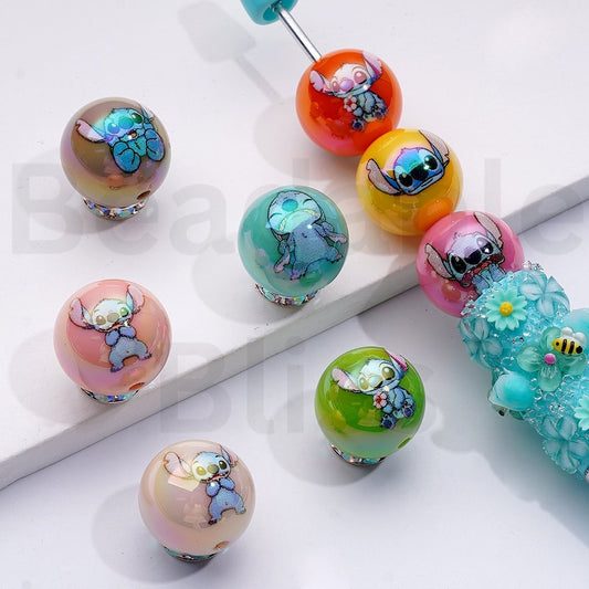 UV Coating Cute Stitc Jelly Color Round Acrylic Beads, 16MM, Random Mix