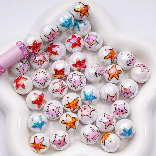 UV Coating Cute Sea Ocean Marine Animals Starfish Acrylic Beads, 16MM, Random Mix