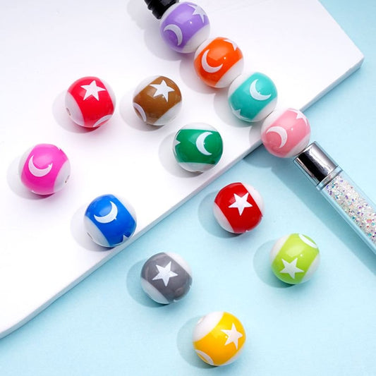 Colorful Crescent Moon Five-Pointed Star Round Acrylic Beads, Random Mix, 16MM