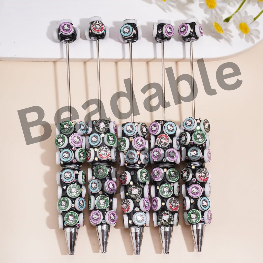 Beadable Clay Pens w Round Cute Cat Character Coffee-Themed Print & AB Rhinestones, Black Base