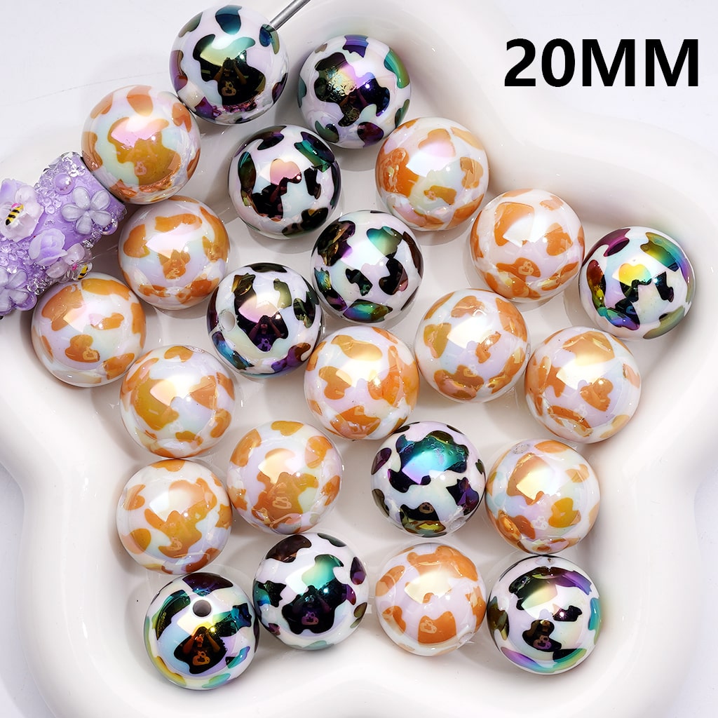 Acrylic Beads, UV Coating Black Brown Cow Prints White 20MM