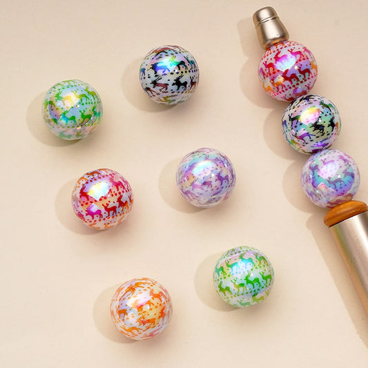 UV Coating Cute Deer White Round Acrylic Beads, Random Mix, 16MM