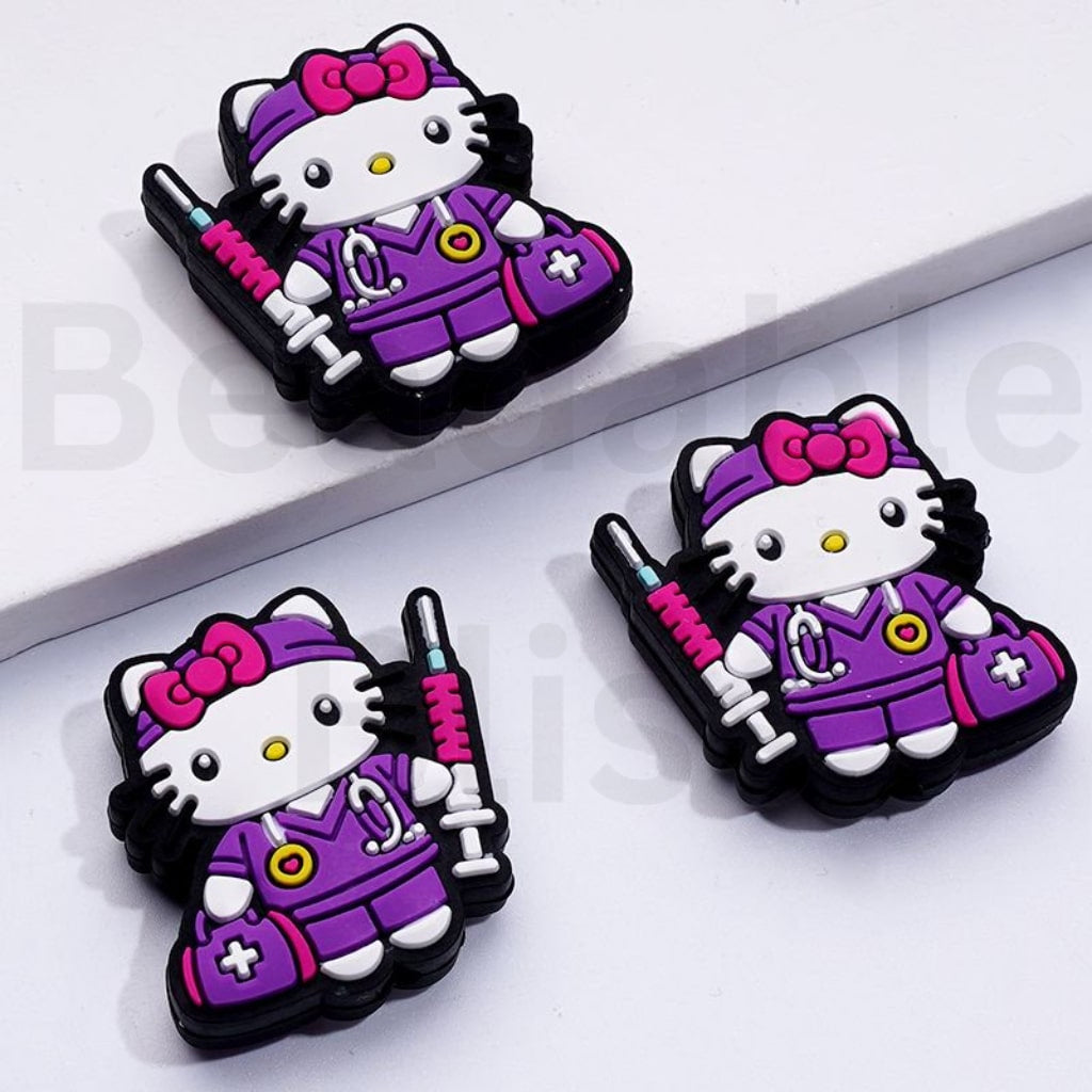 Cute Purple HK Kitten Nurse with Medicine Box Stethoscope Injection Syringe Silicone Focal Beads