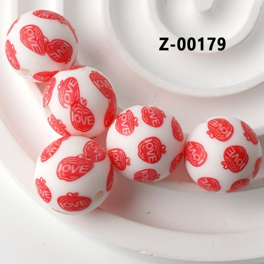 Red Apples with Love White Round Printed Silicone Beads 15mm, Number Z-00179