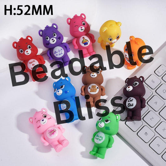 Soft PVC Rubber Figurine Cute Rainbow Bear with Humor Text on Chest, Height 52MM, Random Mix