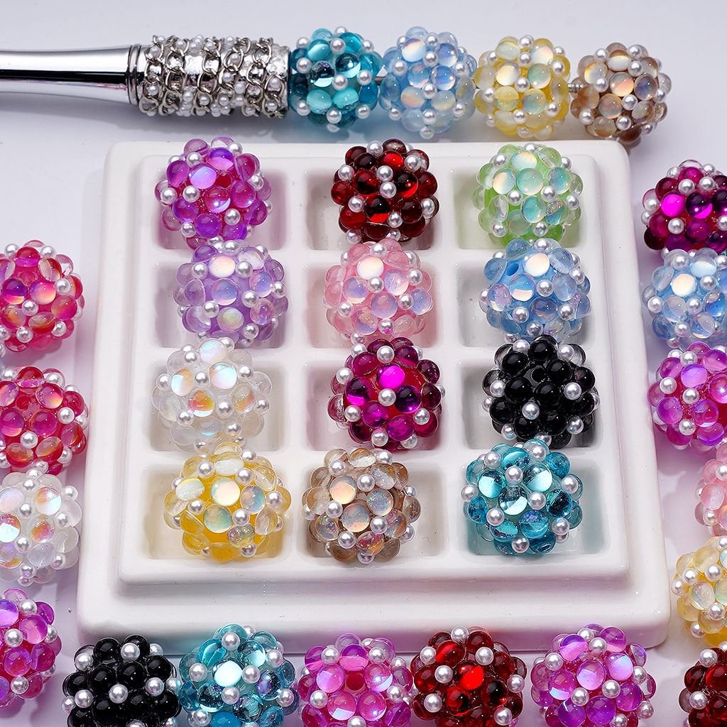 Random Rhinestone White Multi-Color Shiny Round Rhinestones White Pearls Acrylic Beads, Around ...