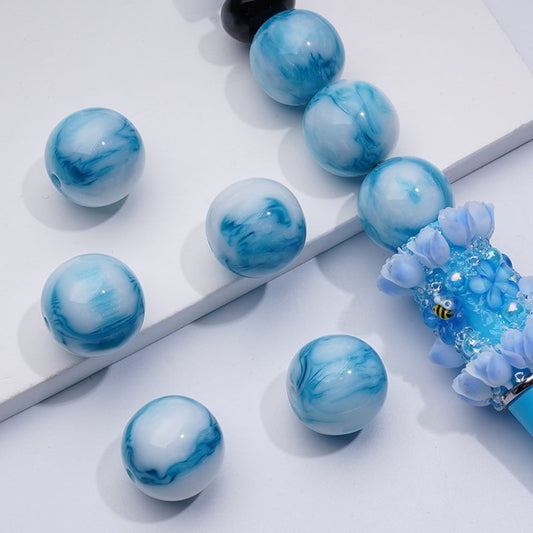 Glossy Art Ink Blue Prints White Round Acrylic Beads, 16MM, Random Mix