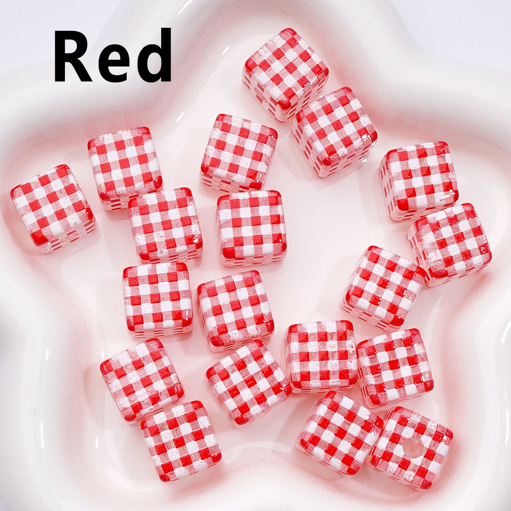 Macaron Color Checkered Clear Cube Square Acrylic Beads, Around 14MM