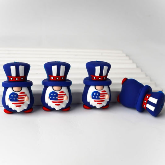 3D Cute Gnome with an America Flag Hat Holds a USA National Flag Heart Patriotism Silicone Focal Beads