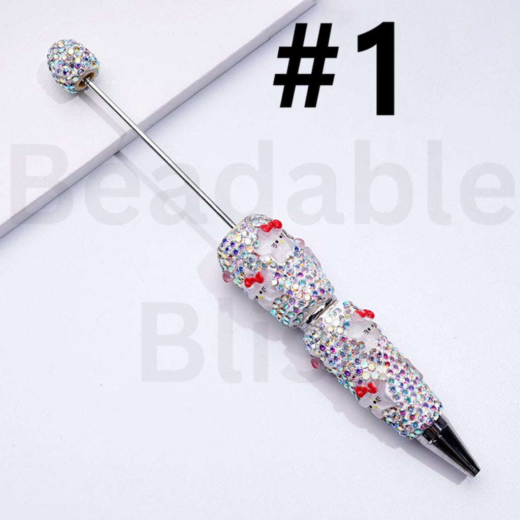 Beadable Clay Pens with Cute HK Kitten with Bows Mini AB Rhinestones Covered the Entire Pen