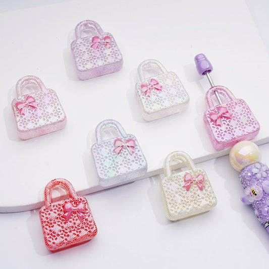 UV Coating White Lace Flower Pink Bowknot Lady Handbag Acrylic Beads, 26*32MM, Random Mix