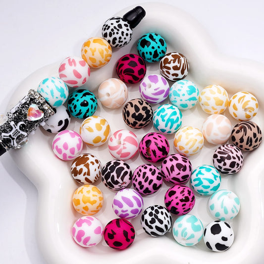 Multi- Color Cow Prints Silicone Beads 15MM, Number Z-00276