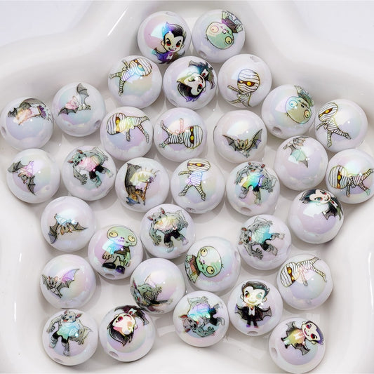 UV Coating Horror Vampire Mummy Bat Zombie Halloween Round Acrylic Beads, 16MM, Random Mix