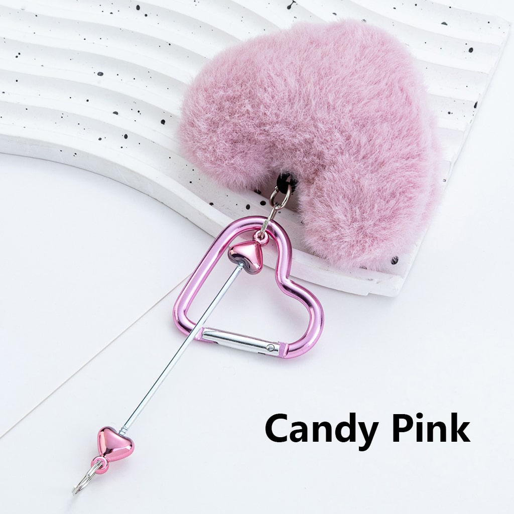 DIY Beadable Metal Heart Shape Keychain with Bar Large Pom Pom Heart , Around 160MM