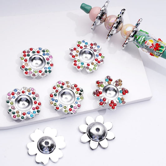 Acrylic Beads Cap Cage Large Flower with Colorful Shiny Rhinestones, Silver 35MM, Random Mix