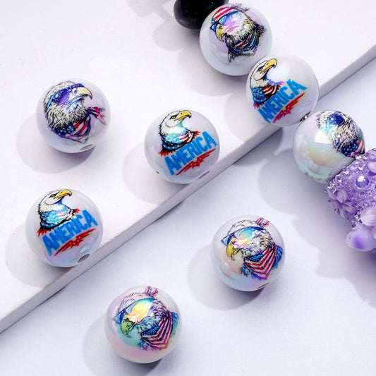 UV Coating USA American National Flag Bird Bald Eagle Patriotism White Round Acrylic Beads, 16MM, Random Mix
