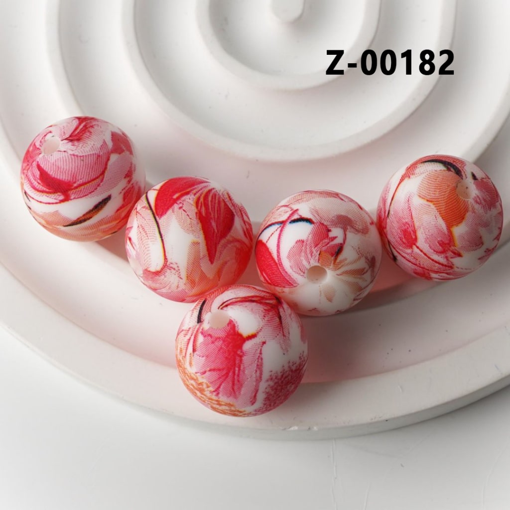 Red Flowers Round Printed Silicone Beads 15mm, Number Z-00182