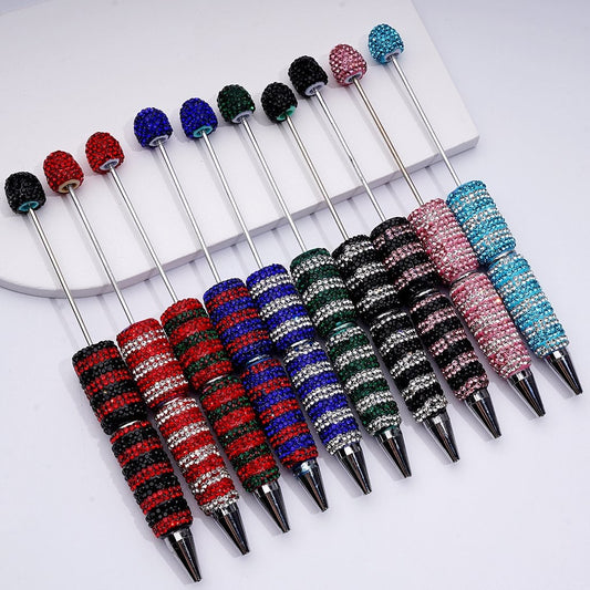 Beadable Clay Pens with Straight-Stripe Double Color Rhinestones Covered the Entire Pen