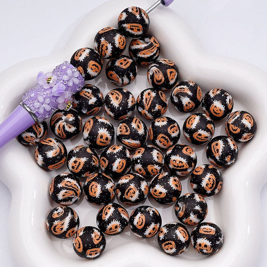 Ghost Face Pumpkin with White Flowers Printed Silicone Beads 15MM, Number Z-00249