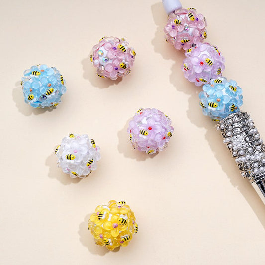 Yellow Cute Bees Colorful Flowers AB Rhinestones White Round Clay Beads, Around 20MM
