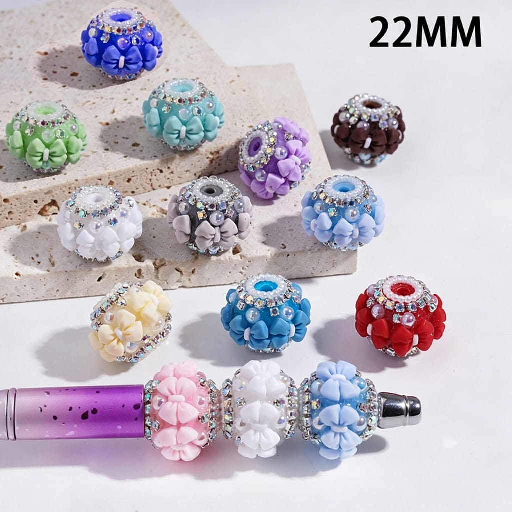 Acrylic Beads with Bowtie, AB Rhinestone and White Pearl Chains, 22MM, Multi-Color