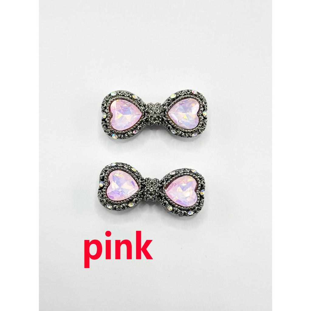 Gun Black Bowknot Shape Hollow Alloy Acrylic Beads with Heart Rhinestones, 34MM by 17MM
