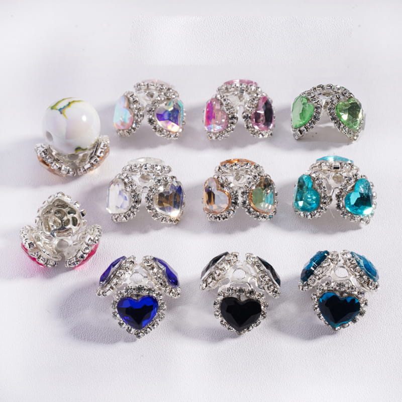 Fancy Bead Cages with Heart Rhinestones and Clear Rhinestone Chains, Alloy Bead Cap, Multi-Color (They Fit 16MM Beads)