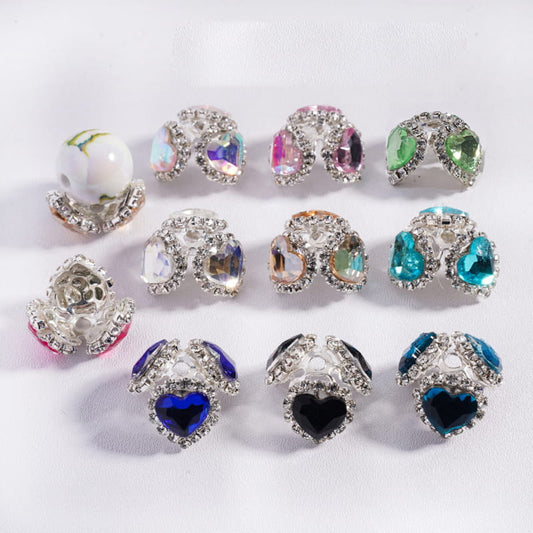 Fancy Bead Cages with Heart Rhinestones and Clear Rhinestone Chains, Alloy Bead Cap, Multi-Color (They Fit 16MM Beads)