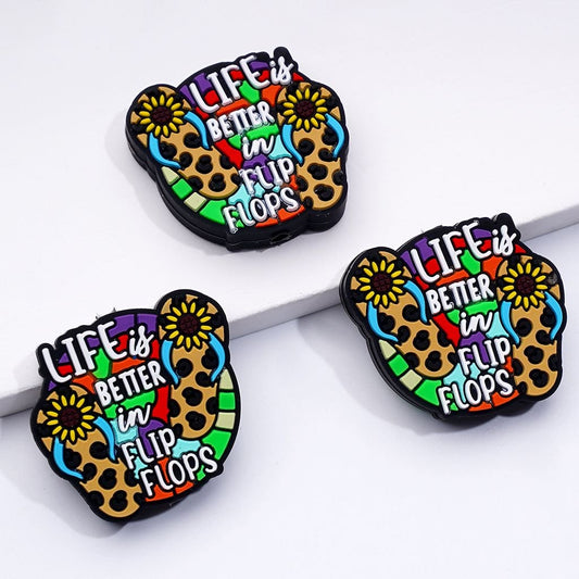 Life is Better in Flip Flops Jaguar Prints Slippers Sun Flowers Silicone Focal Beads