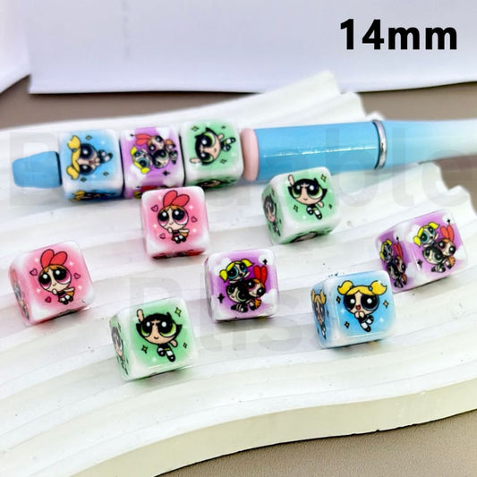 キュートなパワーパフガールズ漫画キューブスクエアアクリルビーズ、14MM、説明をお読みください