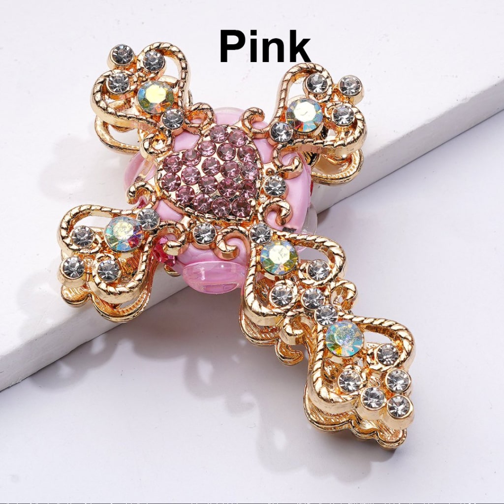 Exquisite Fancy Gold Silver Alloy Cross with White Pearls Clear AB Rhinestones Clay Beads, Around 46*60MM