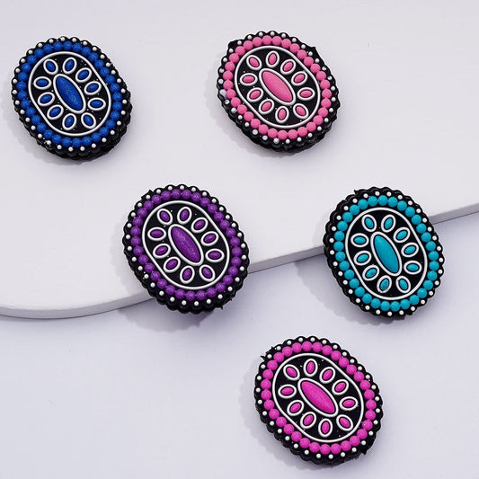 Multi-Color Western Gemstone Oval Shape Silicone Focal Beads, Random Mix