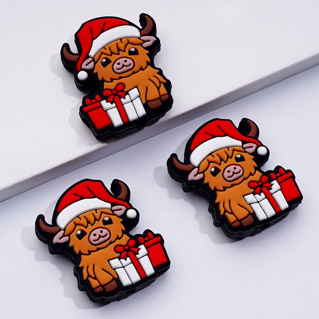 Cute Cows with Red Christmas Hats Gift Boxes Silicone Focal Beads
