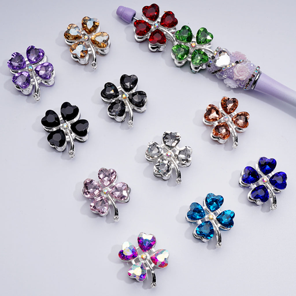 Delicate Fancy Silver Alloy Four Leaf Clover with Color Hearts Mini AB Rhinestones Beads,  Around 25*30MM