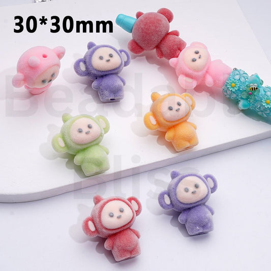Cute Fluffy Fuzzy Teletubb Cartoon Acrylic Beads, Around 30*30MM, Random Mix