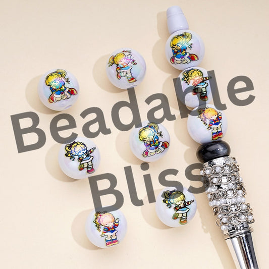 UV仕上げ キュートガール レインボーブリット ホワイト ラウンドアクリルビーズ 16mm ランダムミックス
