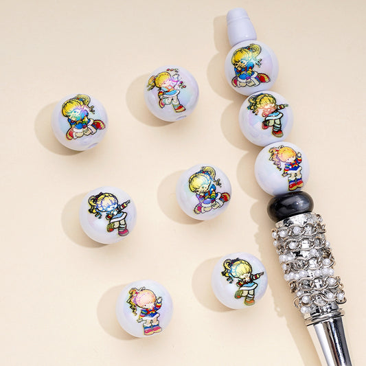 UV Finish Cute Girl Rainbow Brit White Round Acrylic Beads, 16MM, Random Mix