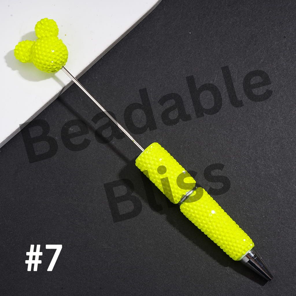 DIY Beadable Clay Pens w Mouse Head Topper, Bling Rhinestones Full Coverage the Entire Pen, Fluorescent Colors (Please Read Description)