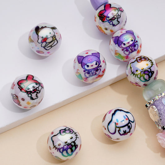 Shiny Cute Sanri HK Kitten Kurom Pom Pom Melod Pochacc Cartoon Round Acrylic Beads, Random Mix, 16MM