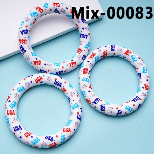 USA America Stars Fireworks Prints Silicone Ring Frame Bead Circle Round Soft Car Hanger Charm Loop 65mm