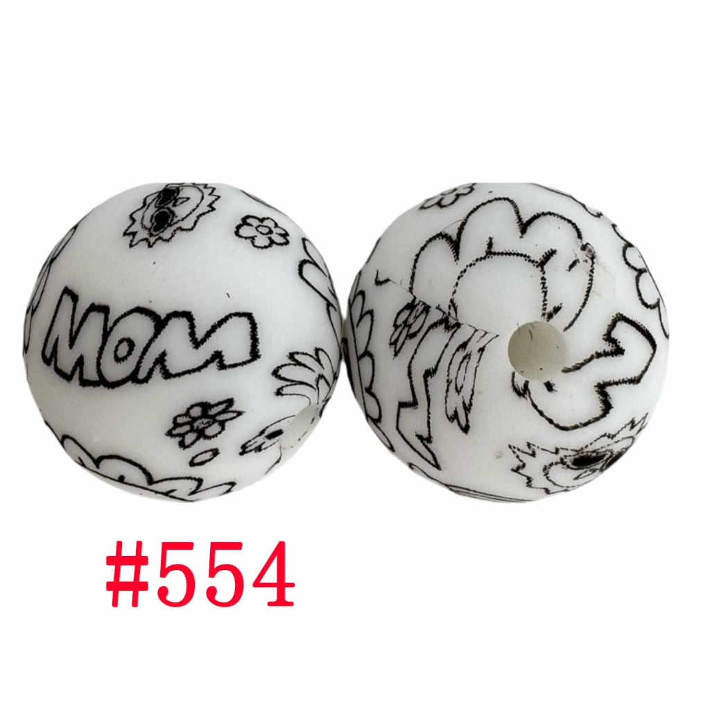 Black and White Mom Sun Flowers Printed Silicone Beads, 15mm, Number 554