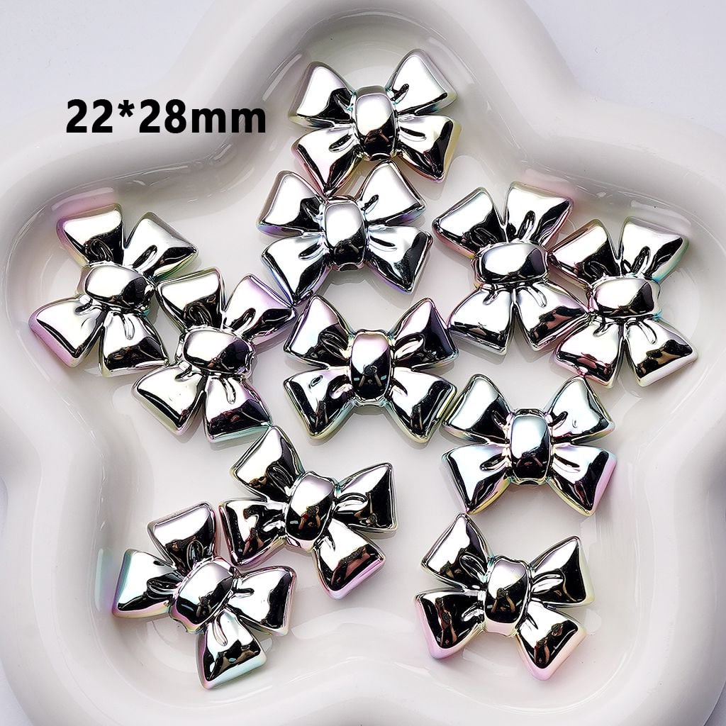 Large Laser Galaxy Iridescent Holographic Metallic Silver Color Bowknot Acrylic Beads, Around 22*28MM