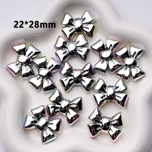 Large Laser Galaxy Iridescent Holographic Metallic Silver Color Bowknot Acrylic Beads, Around 22*28MM