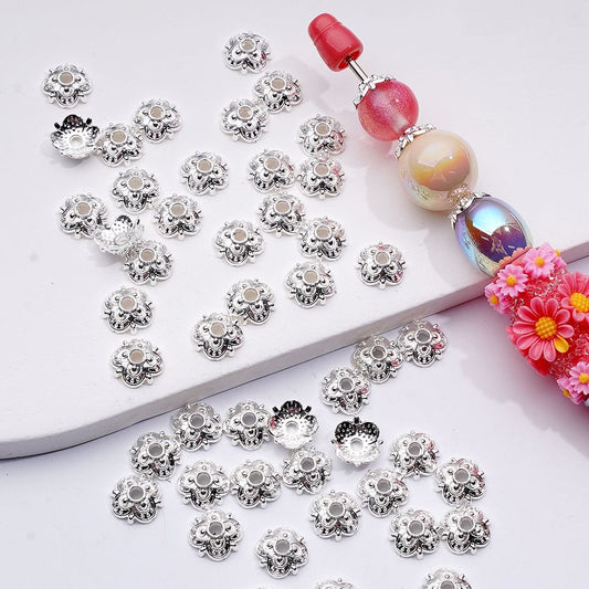 Fancy Silver Alloy Plum Blossom Flower Bead Cage Cap, 10MM