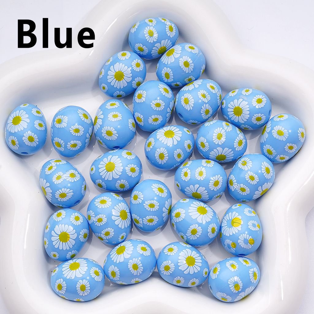 Mini Cute Multi-Color Daisy Flowers Prints Oval Egg Shape Acrylic Beads, Around 20*16MM