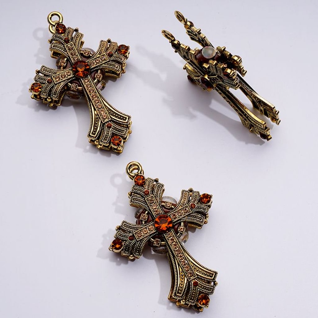 Large Delicate Fancy Dark Gold Alloy Cross with Small Ring Shiny Rhinestones Clay Beads, Around 74*52MM
