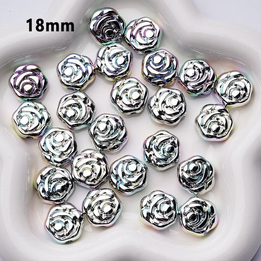 Laser Galaxy Iridescent Holographic Metallic Silver Color Rose Flower Acrylic Beads, Around 18MM